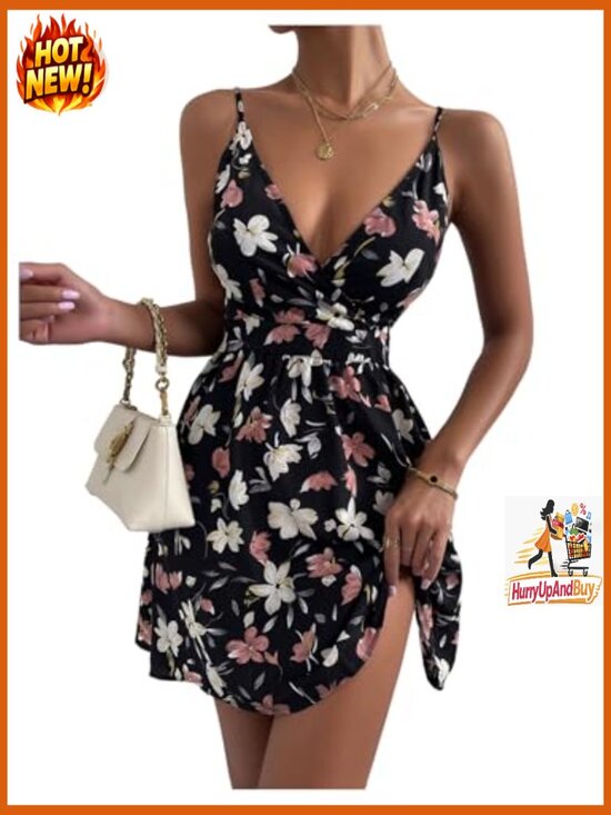 Ditsy Floral Print Flared V-Neck Cami Dress Summer Boho Chic Casual - Picture 3 of 6